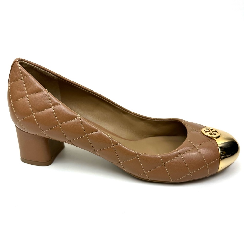 Tory Burch Kaitlin Black Quilted Leather Gold Cap Toe Pump Heels Size 5.5 M
